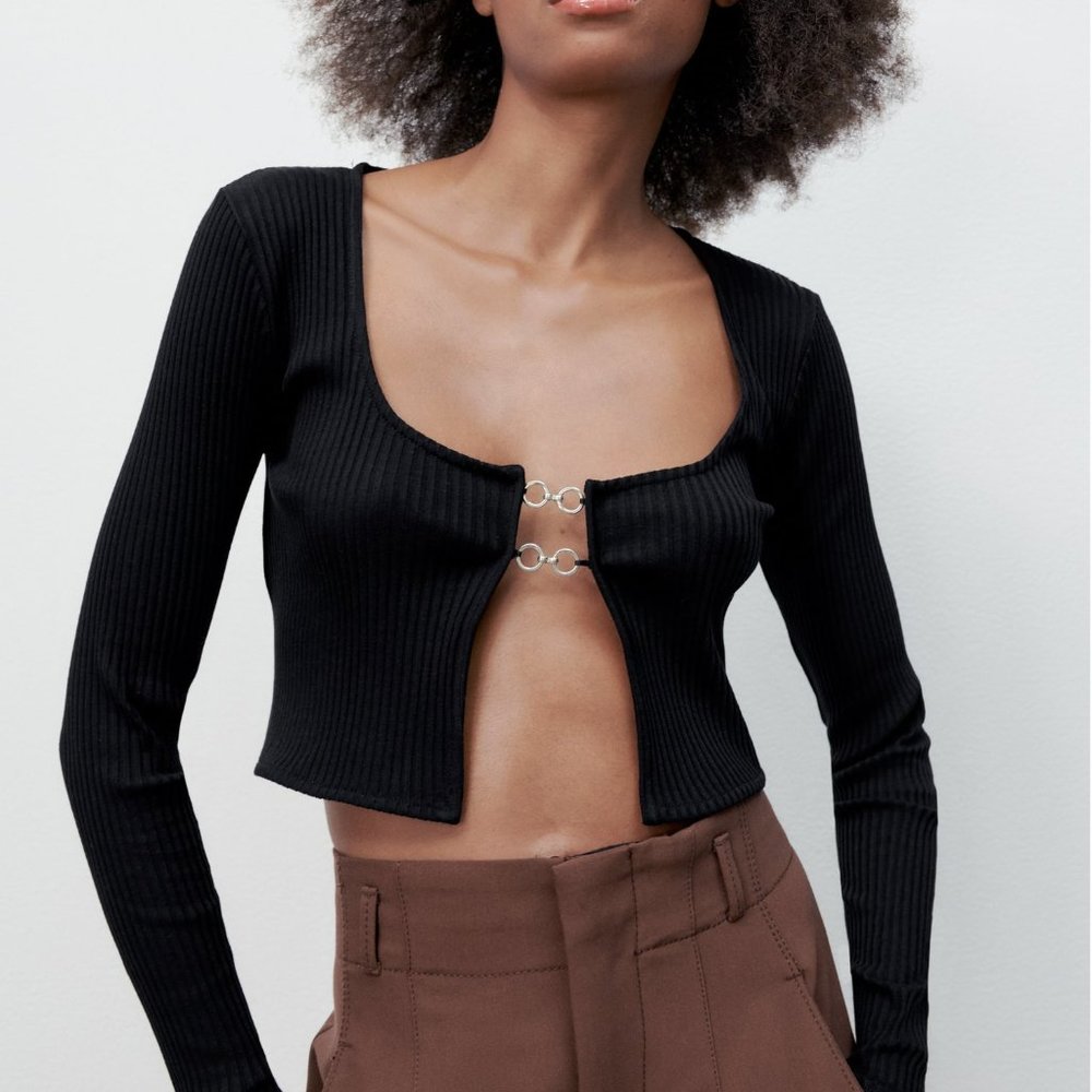 Zara Knit Ribbed Cropped Cardigan With Metal Appliques New With Tags NWT